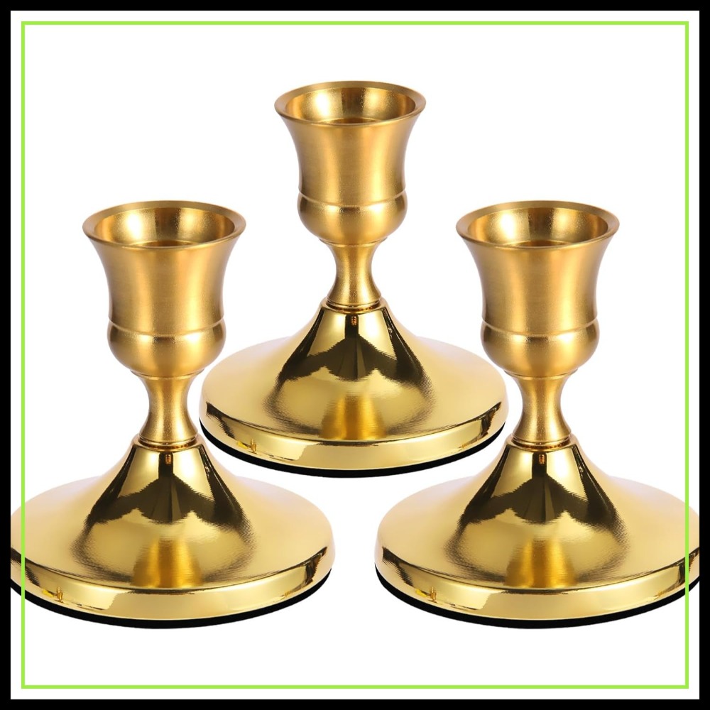 Candle Holder Set - 3 Pcs Brass Gold Taper Candle