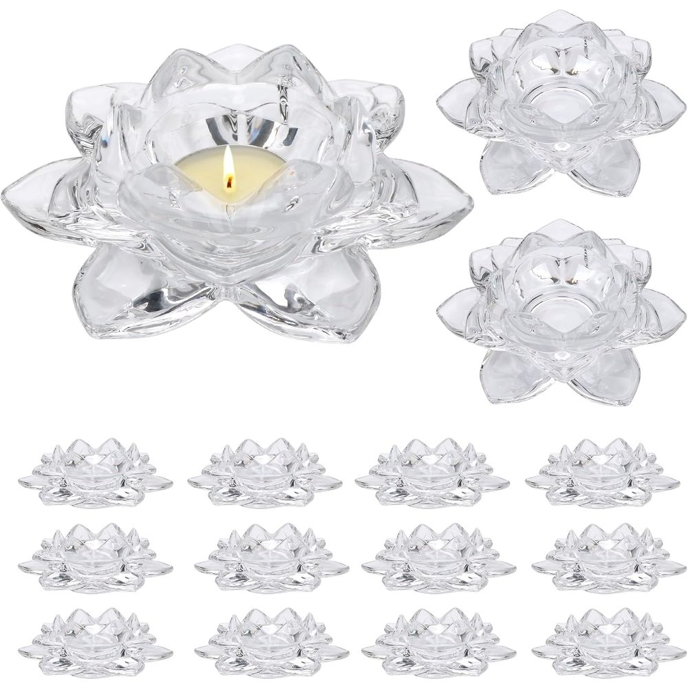 Candle Holder Set - Crystal Glass Lotus Candle Holders, Crystal