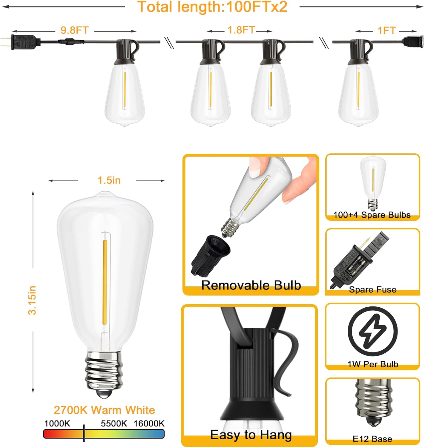 200FT Outdoor String Lights, 1 - String Light Outdoor 评论和价格