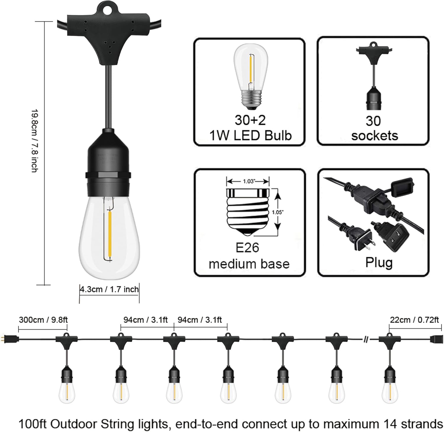 100FT Outdoor String Lights, 3 - String Light Outdoor 评论和价格