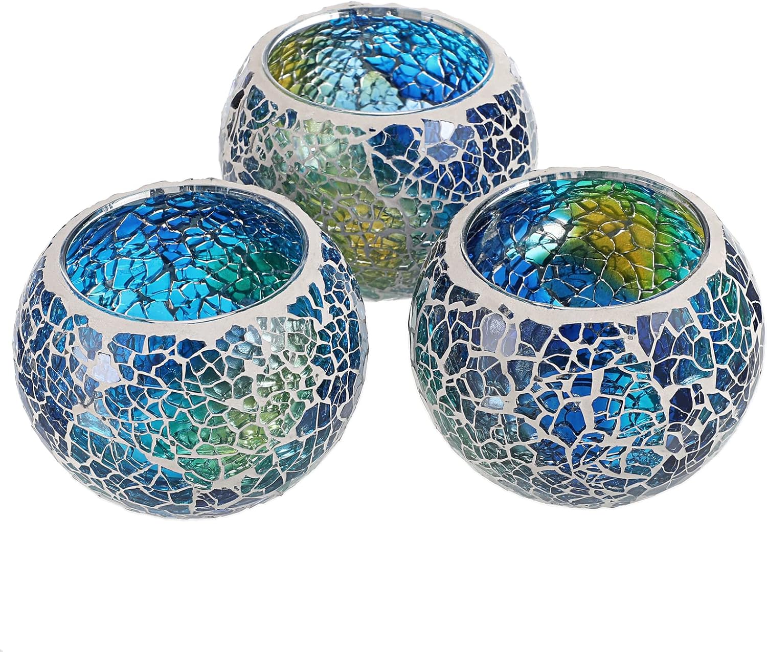 Set of 3 Blue Mosaic Glass Tea - Candle Holder Set 评论和价格