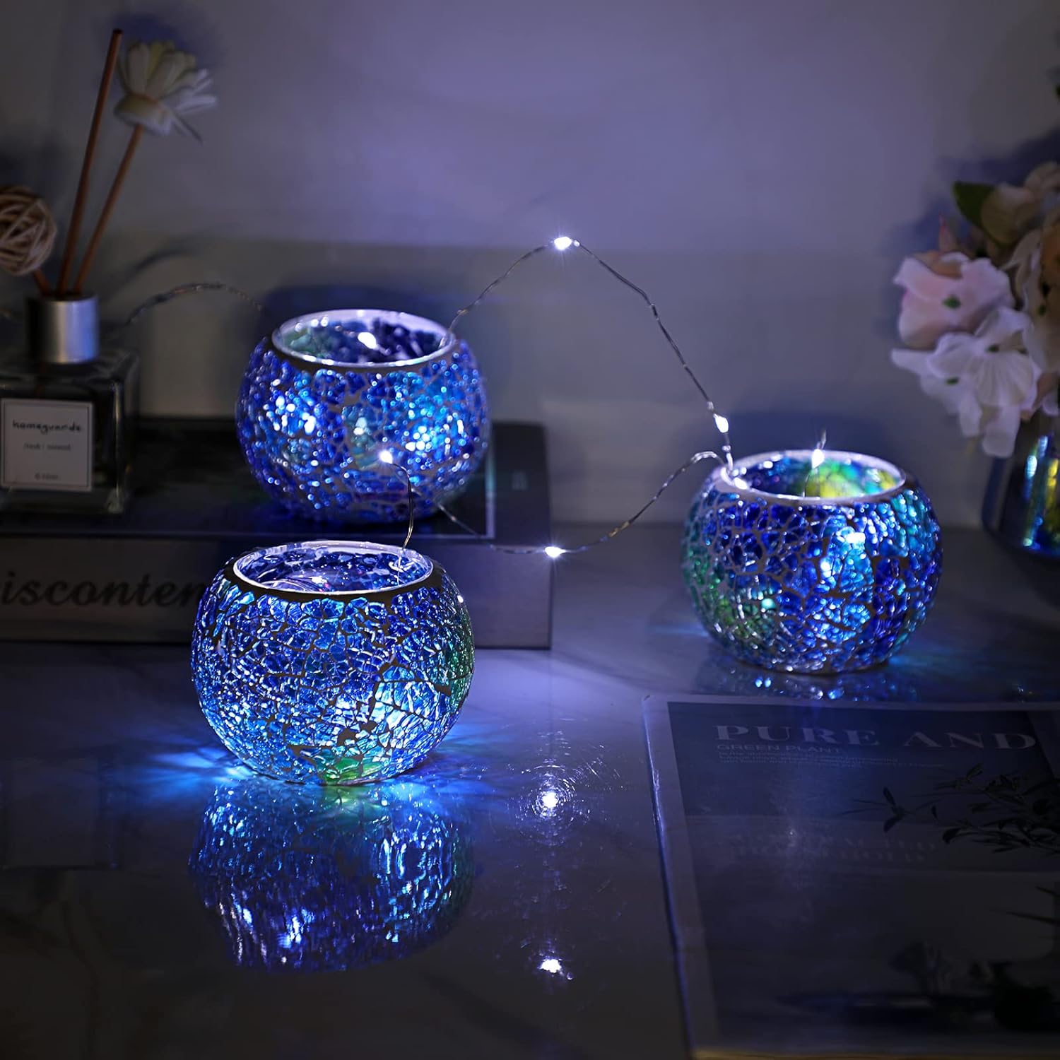Set of 3 Blue Mosaic Glass Tea - Candle Holder Set 评论和价格