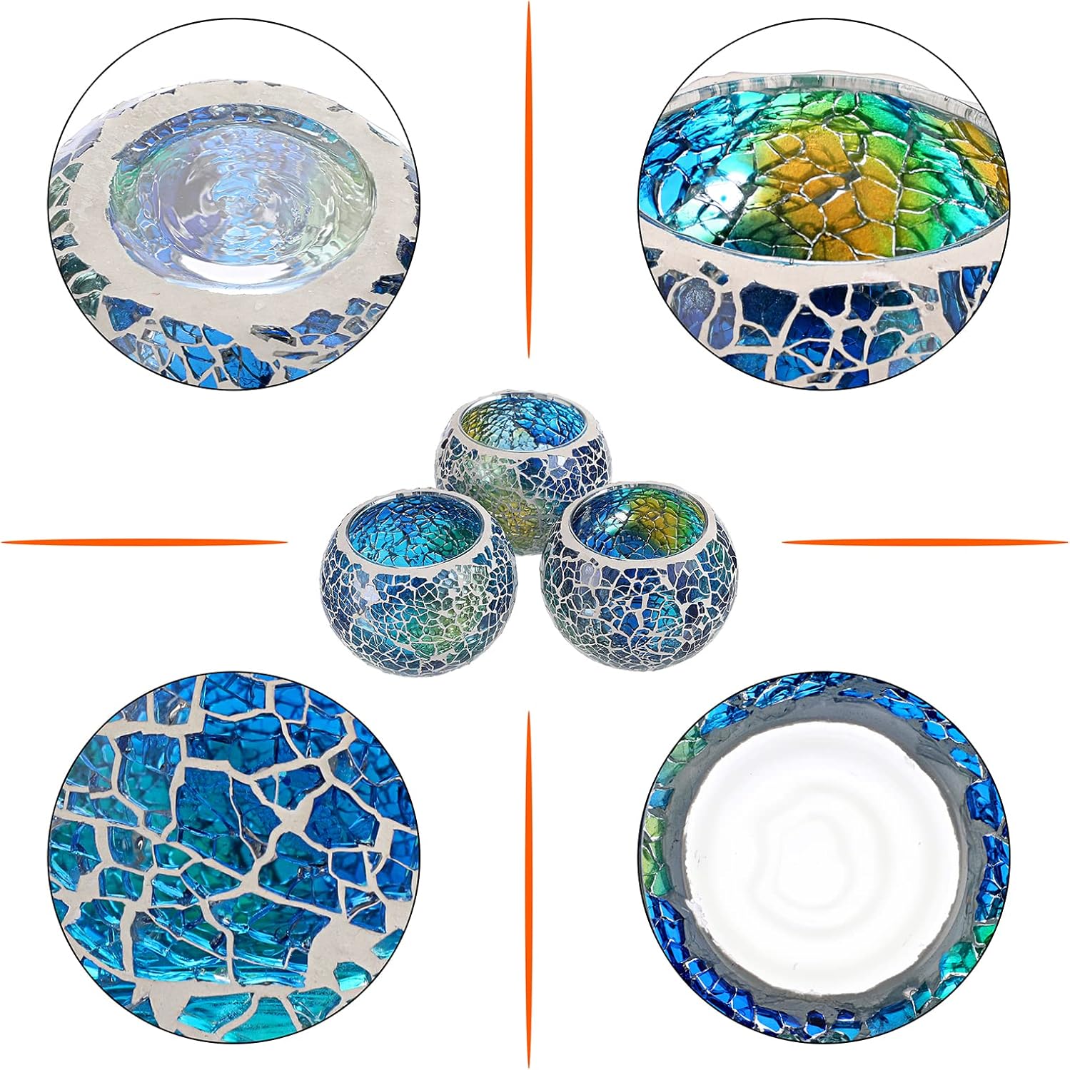 Set of 3 Blue Mosaic Glass Tea - Candle Holder Set 评论和价格