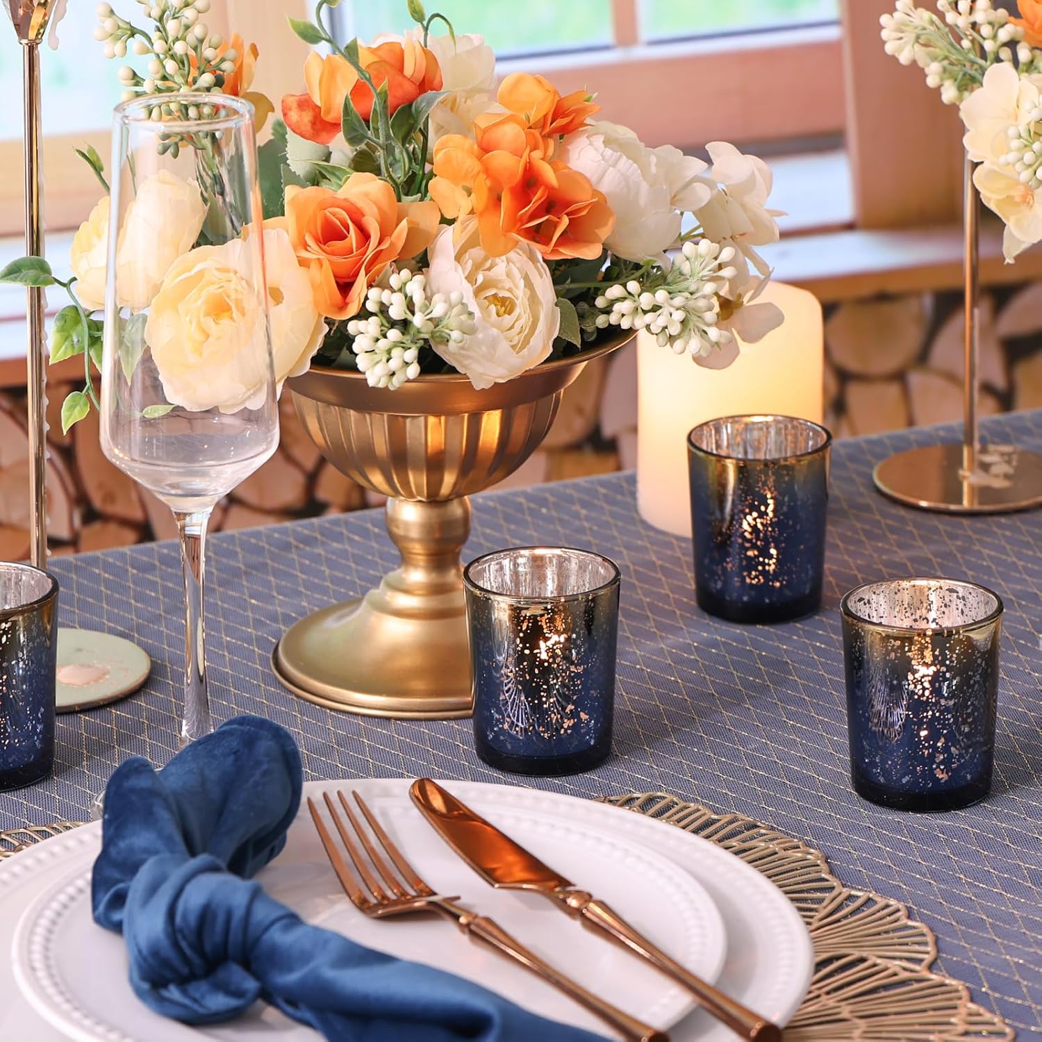 Navy Mercury Glass Tealight Ca - Candle Holder Set 评论和价格
